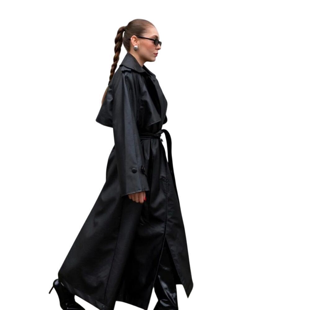 Black Trench Coat Faux Leather - Picture 3 of 12